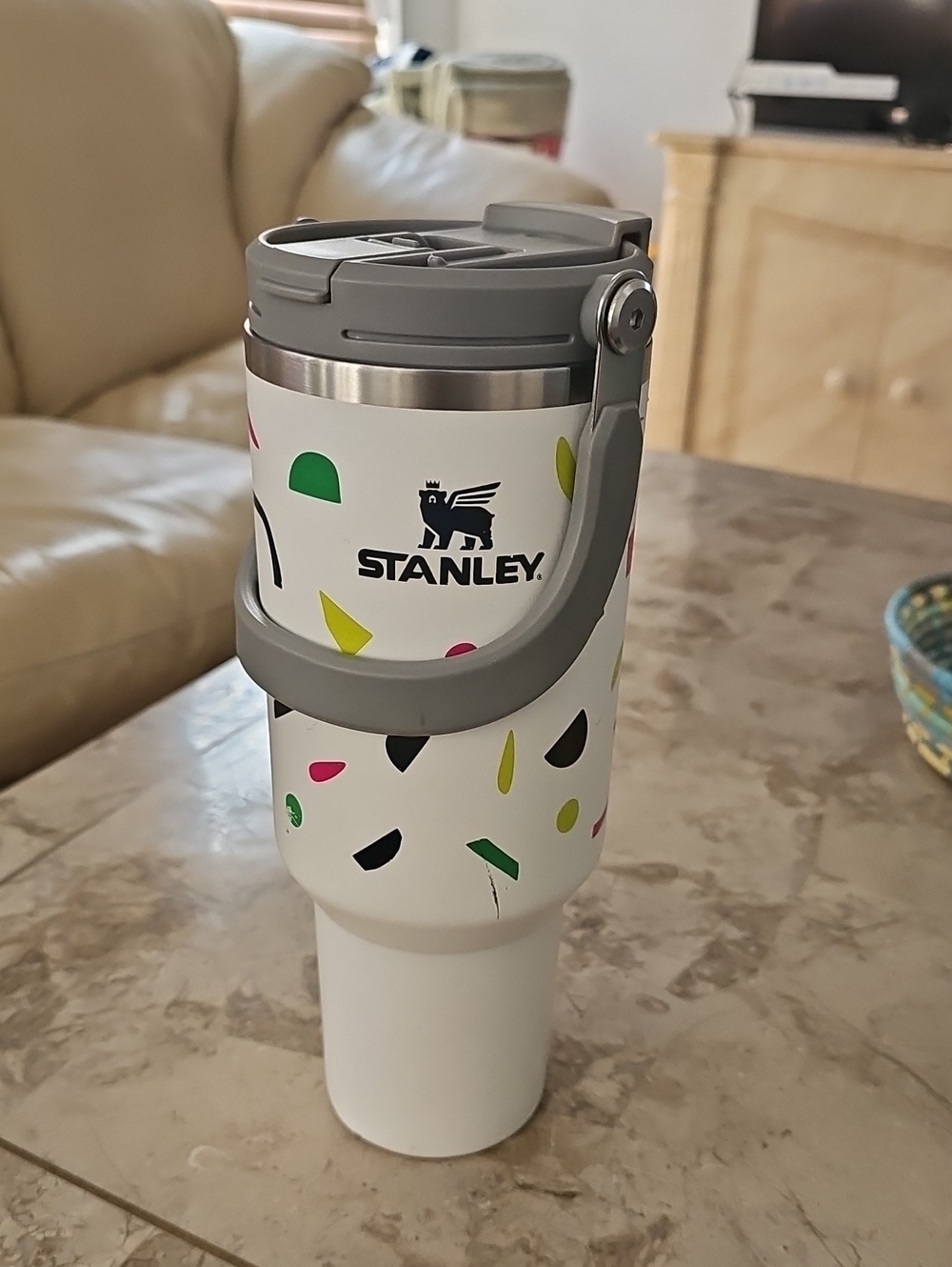 Stanley White Travel Tumbler with Gray Handle and Multicolor Confetti